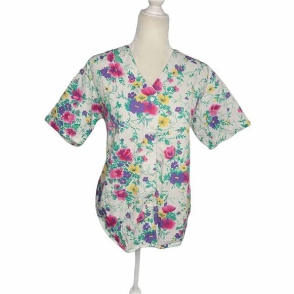 Vintage Tops - VINTAGE 90s top Gitano floral denim white button up‎ boxy shirt M